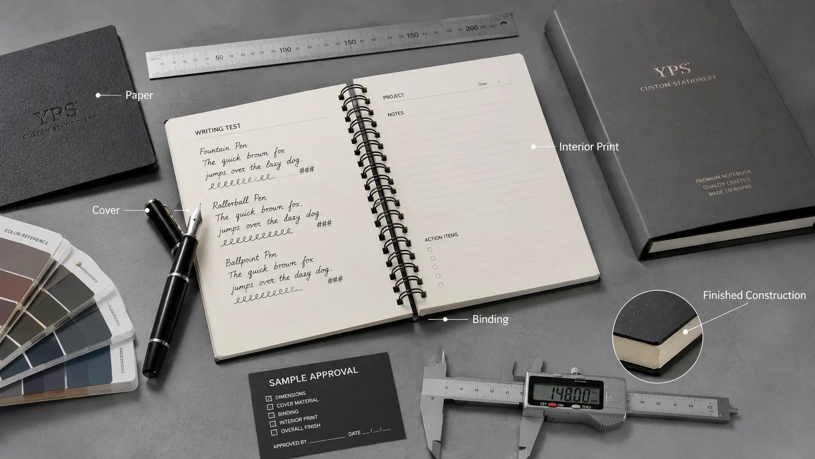 Premium notebook sample approval checklist for paper, cover, printing, binding and construction Premium notebook sample approval checklist for paper, cover, printing, binding and construction